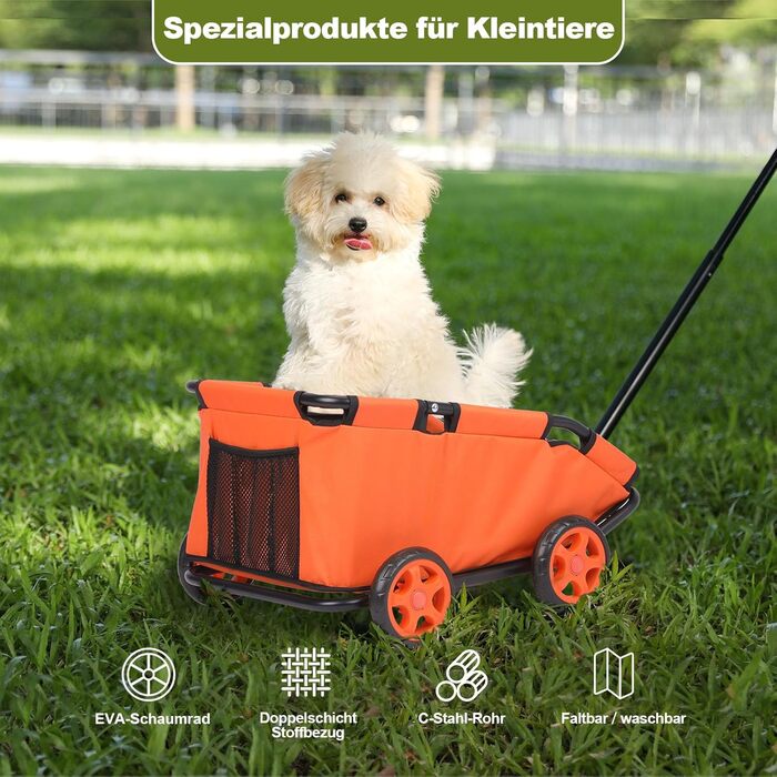 Міні-візок для домашніх тварин, складаний універсальний візок для покупок з висувним ручками, Doggie Wagon з вбудованим подушкою та страхувальним тросом, з кишенькою (Темно-зелений) (Оранжевий)
