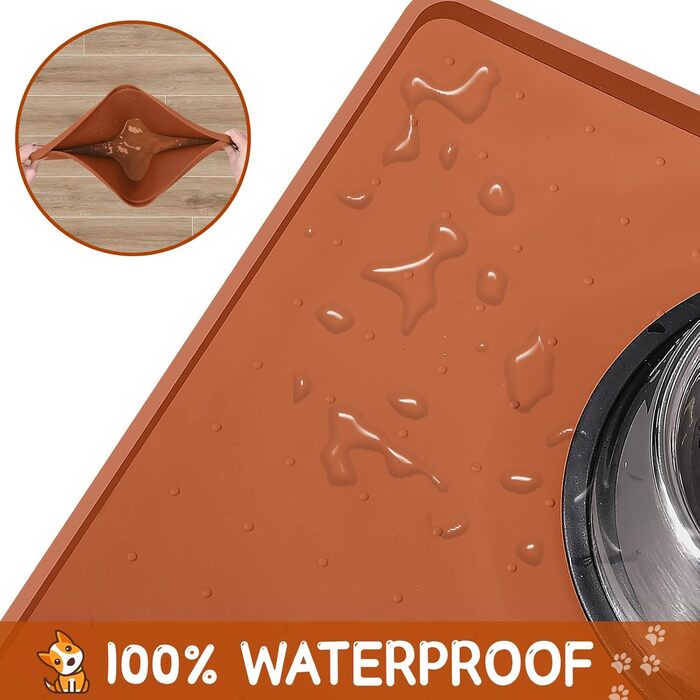 MateeyLife силіконова підстилка для корму і води для собак, 61 x 40,6 x 1,5 см, коричнева, водонепроникна, не ковзає, з піднятими краями для захисту підлоги