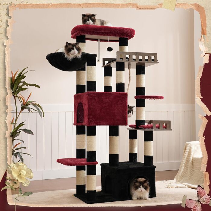 Котячий будиночок Kratzbaum: великий, з гамаком, 2 печери, 15 стовпчиків для дряпання (174см, чорний та червоний)