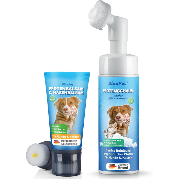 Балсам для лап собак та котів BluePet Schnelleinziehender + Засіб для очищення лап, 50 мл. Знімає сухість та тріщини, лікує та регенерує з арнікою, календулою та шиєю. Догляд за лапами (бальзам + очищувач)
