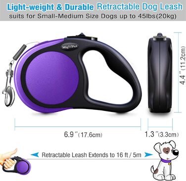 MigooPet Повідок для собак, міцний, автоматичний, 4.6 м, для малих і середніх собак до 45 кг, фіолетовий
