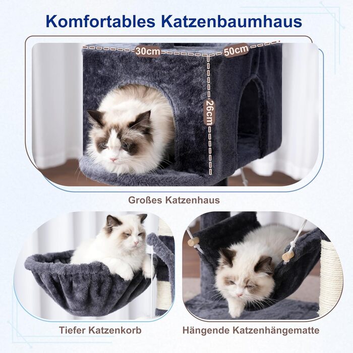 Великий котячий будиночок Kratzbaum GCT031W: 200 см, сірий, з платформами, гамаком та сизалевими стовпчиками для дому