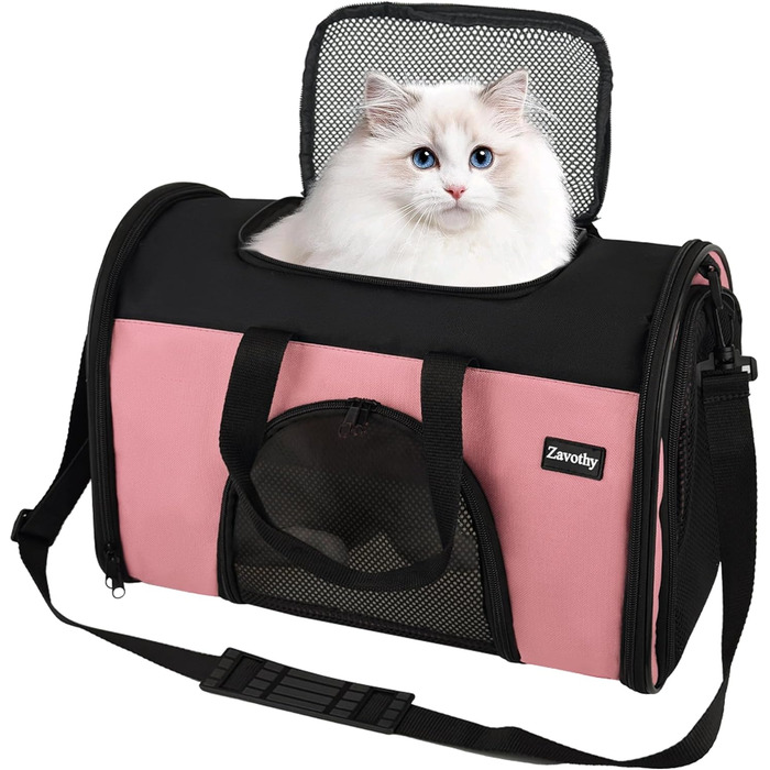 Транспортна сумка для котів та собак, дихаюча та складна, переноска для котів з регульованим плечовим ременем, знімна плюшева підстилка (рожева, S)