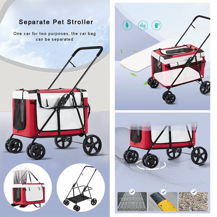 Легкий розкладний візок для дітей та маленьких собак – дихаючий візок для котів та собак – переноска для 2 тварин – портативний візок для домашніх тварин – система подорожей для цуценят та кошенят, червоний