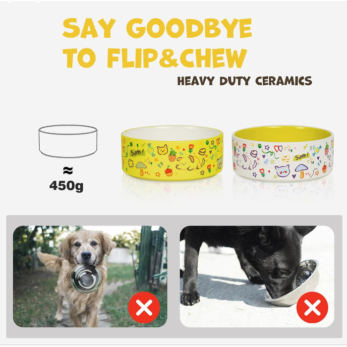 Набір мисок для собак та котів YOBRO (2 шт.), жовто-білі, 482 мл, 13 см, антиковзні, для води та корму