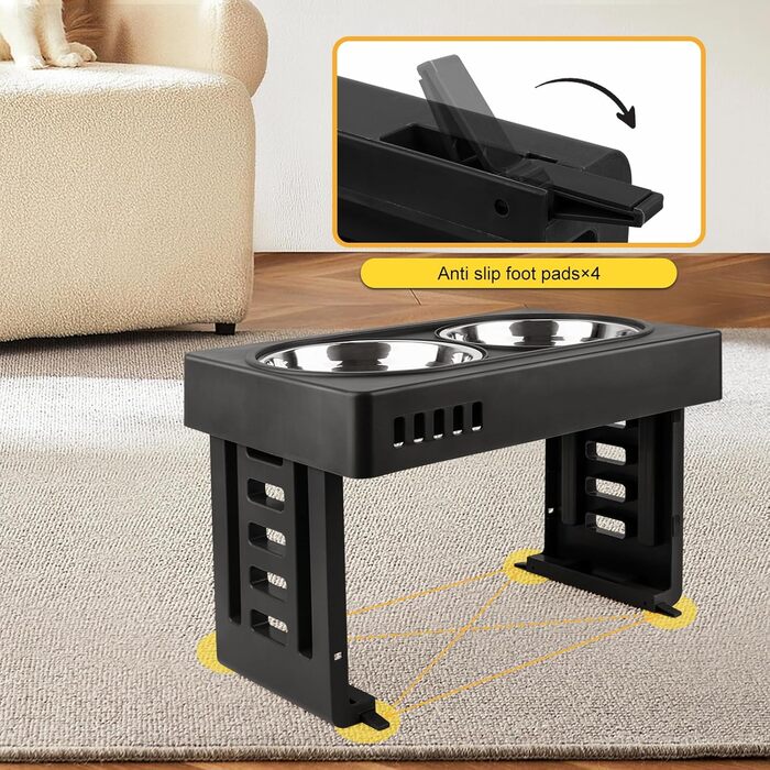 Підвищений годівниця для собак та котів 2-в-1, 4 регульовані висоти, підставка Anti-Slip з нержавіючою чашею, чорний (44 x 27,5 x 7 см)