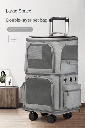 Рюкзак-переноска для кота та собаки з двома відділеннями та знімними колесами (сірий)