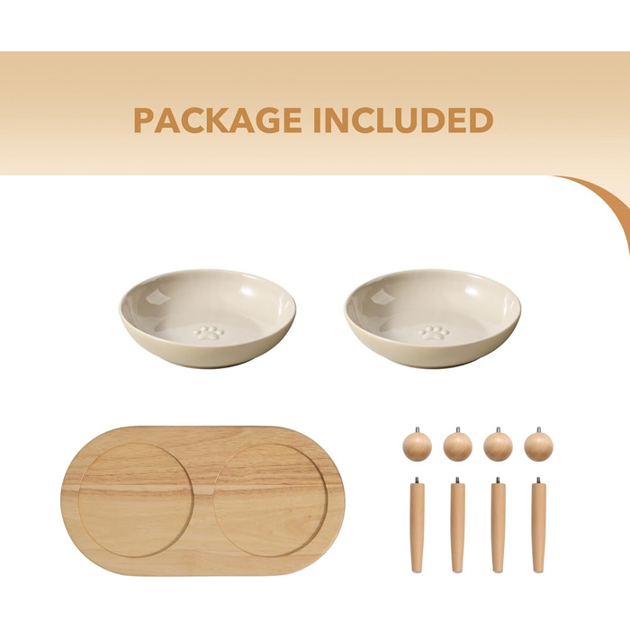 Миска для котів Havniva з підняттям, широка для вусів, протиковзна, з 2 підставками, регульована, комплект (2 миски + підставки, Vintage Latte)