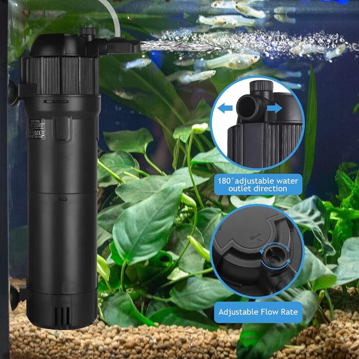 Фільтр для акваріума ITIY 5-в-1 з UV-фільтром, 650 л/год, 6W, таймер, регульований на 180°, для малих акваріумів, тропічних акваріумів, та акваріумів для черепах. UV: 8W