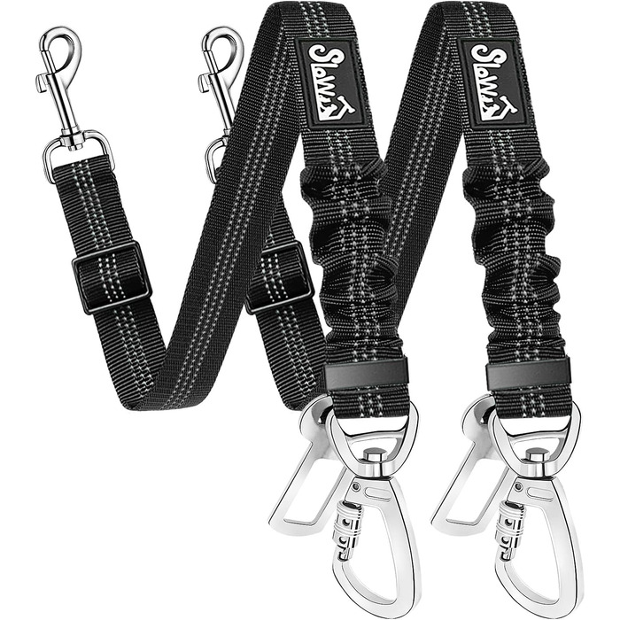 Ремінь безпеки для собак SlowTon, 2 шт. - Автомобільний поводок з регулюванням, еластичний амортизатор, міцний нейлон, світловідбиваючий ремінь безпеки для тварин (чорний)