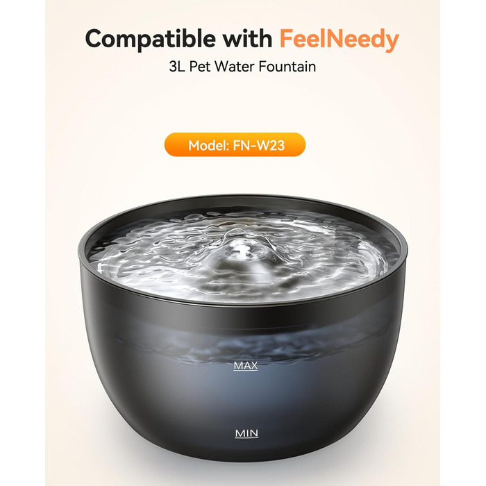 Фонтанчик для котів FEELNEEDY 3L з фільтром з активованого вугілля, миска з нержавіючої сталі, прозорий резервуар для води, чорний колір, аксесуари (6 фільтрів + 6 губок)