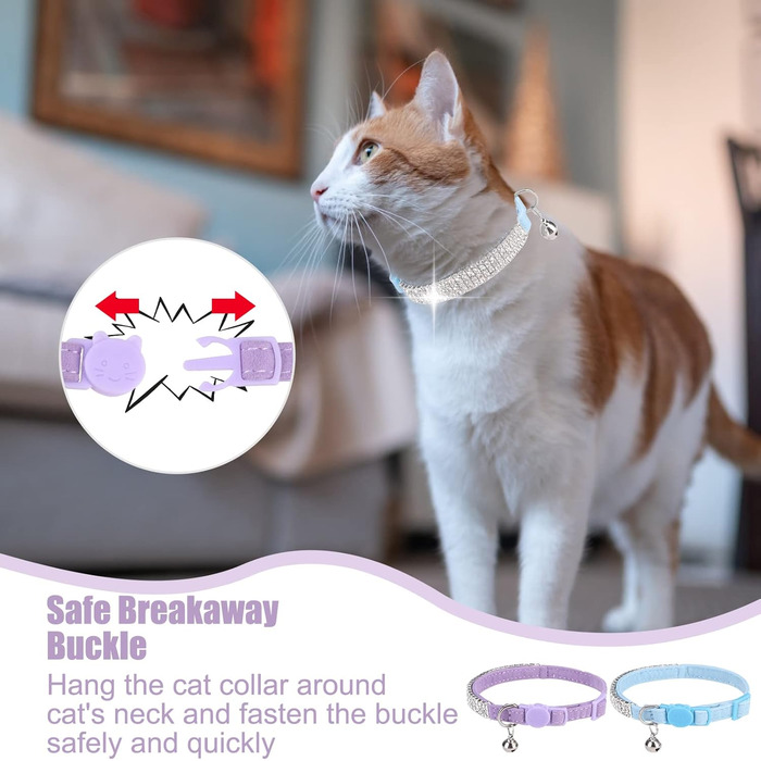 Нашийник для котів ExPawlorer з дзвіночком та стразами, на м'якому оксамиті, регульований, безпечний, для котів та маленьких собак, 2 шт., 9'-12' (Синій та фіолетовий)
