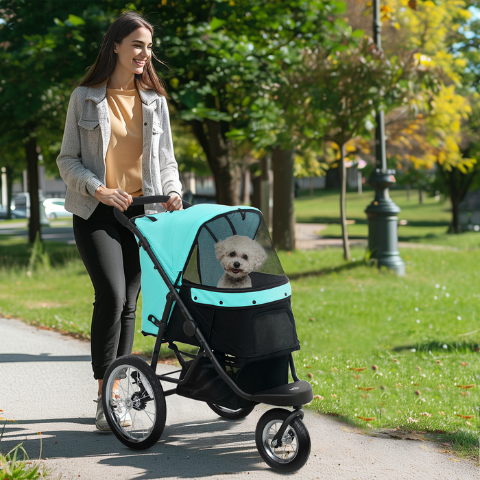 PawHut Коляска для собак Jogger Dog Buggy Складна для маленьких собак і кішок до 10 кг Cat Buggy з 3 великими гумовими колесами, подушками Сітка Вікна Кошик для зберігання Котяча коляска з безпечними повідцями, бірюзова | Аосом