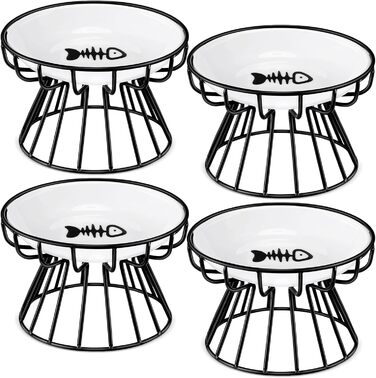 Набір мисок для котів Roshtia з кераміки на металевому підставці, 4 шт. (Чорний, візерунок 