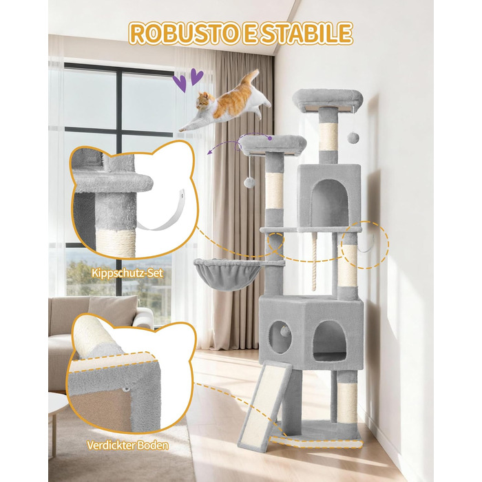 Кігтеточка для котів Hzuaneri, 174 см, XL, 2 платформи, 2 печери, 4 стовпчики, дошка для шліфування кігтів, мотузка з сизалю, плюшеві кульки, сірий колір, для кількох котів MS17418LG