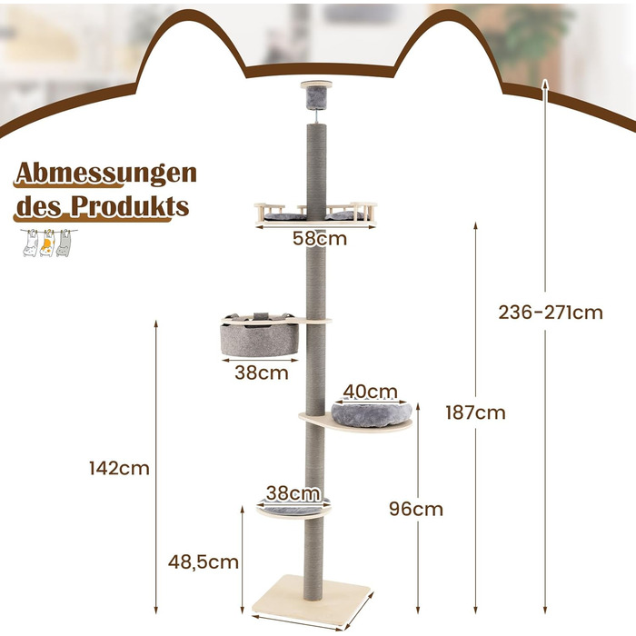 Кігтеточка GOPLUS висока до стелі, 236-271 см, 5 поверхів, з платформами, подушками, гамаком, кігтеточками та захистом від перекидання, сірого кольору