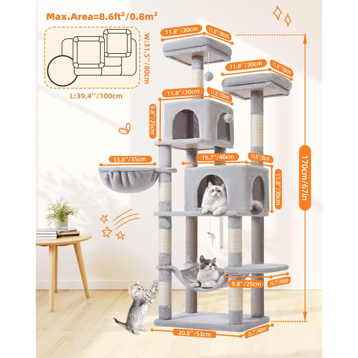 Дерево для котів Taoqimiao 170 см, велике, з будиночками, гамаком, корзиною, 8 стовпчиками для шліфування, 2 платформами, сірий MS013W