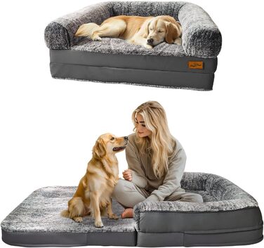 Ортопедичне собаче ліжко BingoPaw для собак та людей: XXXL, 180x96x10 см, сіре, знімний чохол з PV-велюру, PU-шкіра