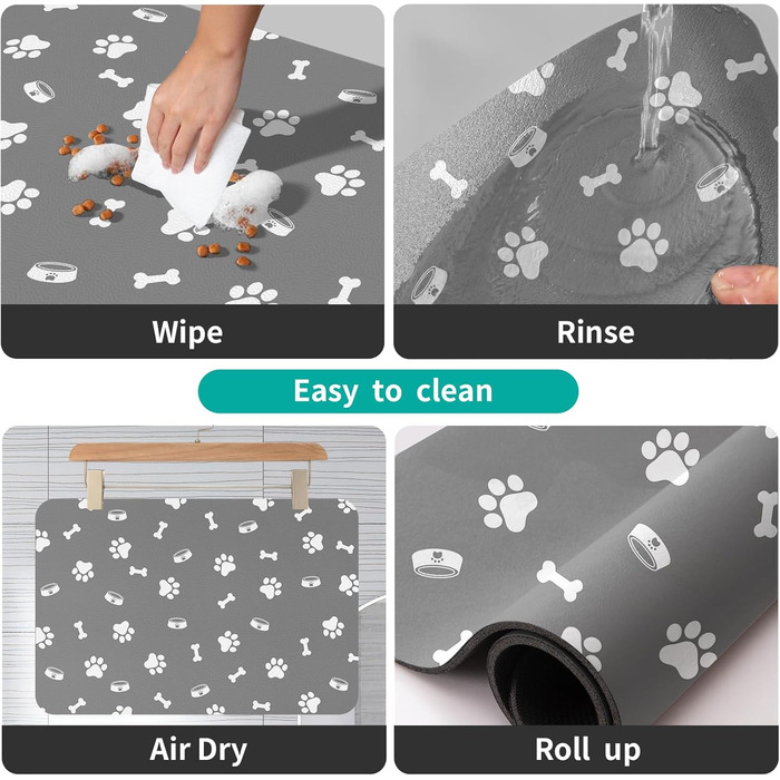 Підкладка для годівлі домашніх тварин – вбираюча підкладка під миски для їжі та води, без плям, швидковисихаюча (Світло-сіра з багатьма лапами, 40 x 60 см)