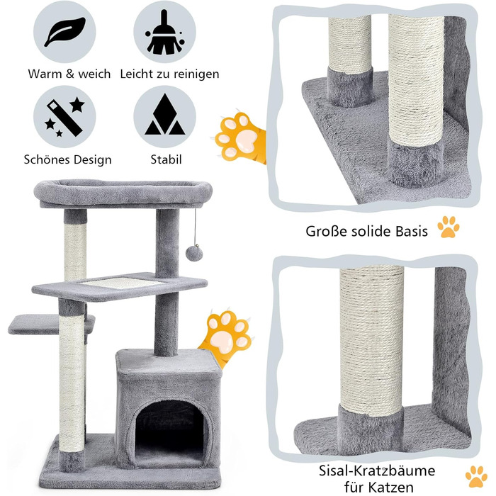 Дряпак для котів COSTWAY, 85 см, з будиночком, м'яким сидінням, м'ячиком та сизалевими стовпчиками, сірий