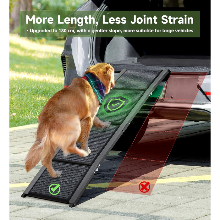 Рампа для собак, 170см, складана, з антиковзким покриттям, для собак середніх та великих порід (до 113.4 кг), легка та портативна, 180x44 см