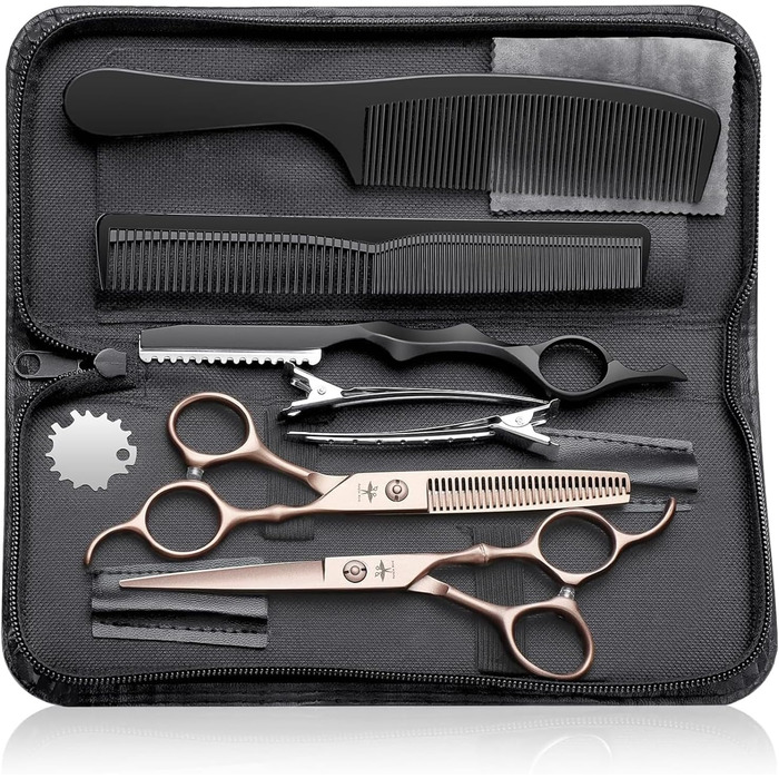 Набір професійних перукарських ножиць PURPLEBIRD (10 шт.) з нержавіючої сталі: перукарські та філірувальні ножиці для перукарів, барберів та початківців (рожеве золото)