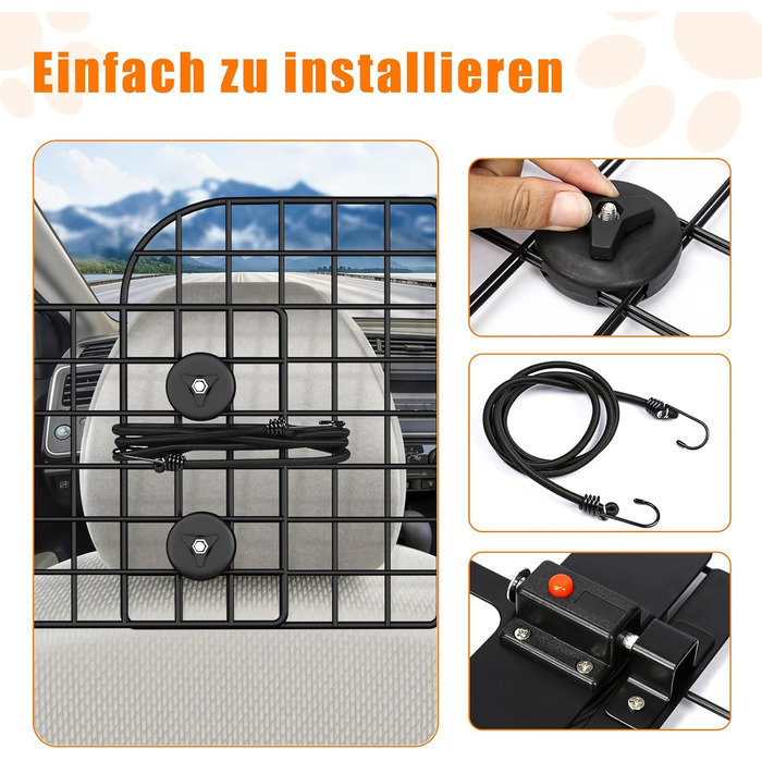 Сітка для собак у машину Denmay, універсальна, 30.7 x 93-150см, регульована ширина, з дверцею, 2 ремені безпеки, чорна