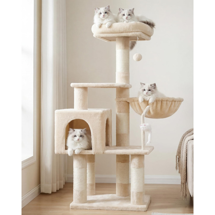 Комплекс для котів Heybly Kratzbaum HCT004SW: Дряпка-стовпчик з іграшками, будиночок, плюшева лежанка та гамак для кішок