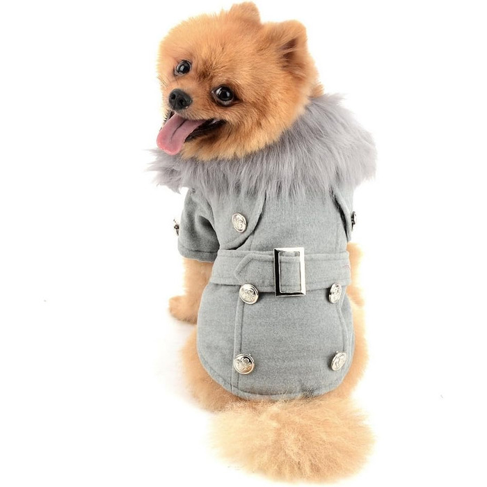 Зунеа Тепла куртка для тварин Pea Coat для цуценят, флісова куртка, жакет для маленьких собак і котів, зимовий парка, вітрозахисний, з штучним хутром, європейський стиль, сірий, великий розмір