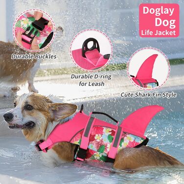 Жилет для плавання собак Doglay з принтом акули, рожевий, X-Small. Забезпечує плавучість та безпеку під час купання та катання на човні.