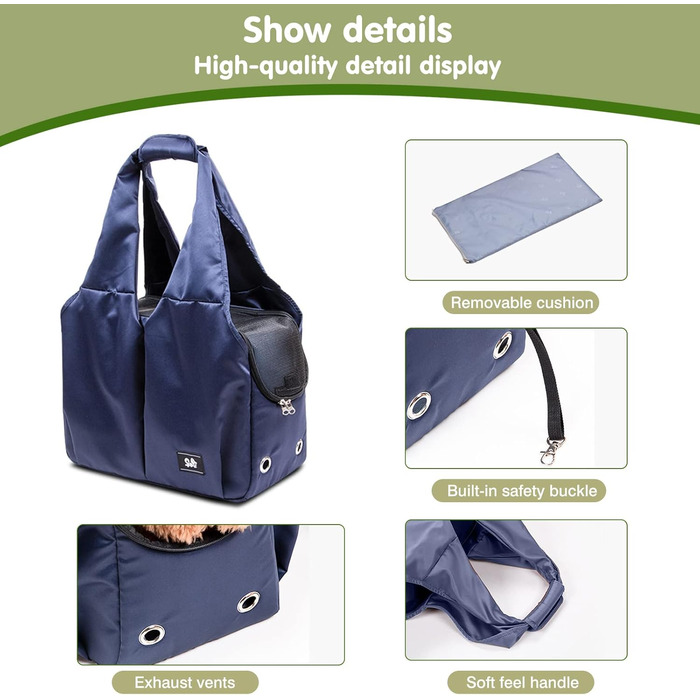 PETCUTE Сумка-переноска для собак та котів, дихаюча, з матом, на плече, з лінійкою безпеки та кишенями, для маленьких та середніх собак, цуценят та котів (Темно-синій)