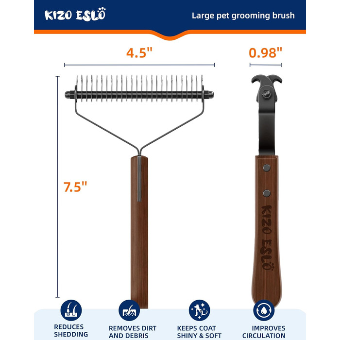 Гребінець для собак та котів з подвійним гребінцем, великий розмір, для видалення ковтунів, догляд за шерстю, середньо- та довгошерсті тварини, дерев'яна ручка (чорна)