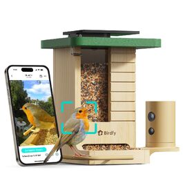 Розумна годівниця для птахів Birdfy з камерою 1080P, сонячною панеллю та ШІ-розпізнаванням 6000+ видів птахів, водонепроникна дерев'яна годівниця з App Live-переглядом