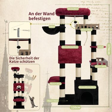 Котячий будиночок Kratzbaum: великий, з гамаком, 2 печери, 15 стовпчиків для дряпання (174см, чорний та червоний)