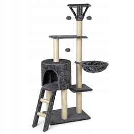 Високий кігтеточка-комплекс для котів Be-Active.pl, сірий, 144 см, з будиночком та гамаком, сизаль