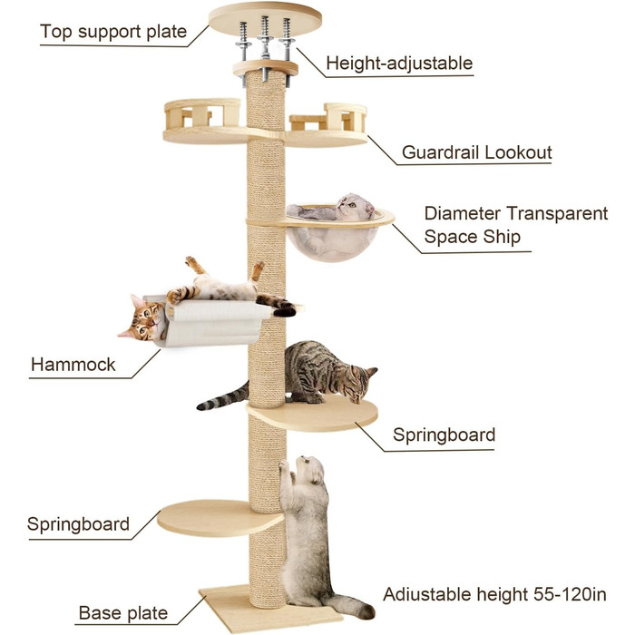 Високий кігтетопор для котів Kratzbaum 3 метри: багатоярусний, з оглядовим майданчиком та гніздом, регульована висота
