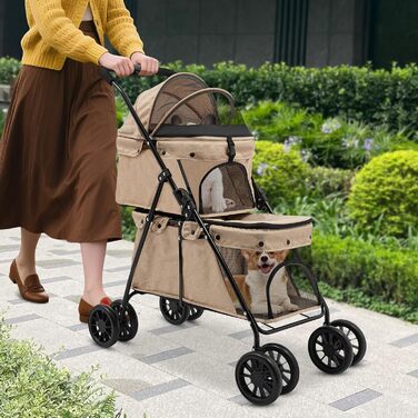 Двошаровий візок для домашніх тварин з сітчастим вікном, гальмом та кишенькою для зберігання. Складаний візок для собак та котів, вантажопідйомність 15-20 кг (Хакі)
