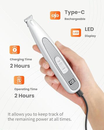 PAPMINI Безшумна машинка для стрижки котів з LED-дисплеєм, Type-C, акумулятор, стригучий інструмент для котів, бездротова машинка для стрижки кігтів, професійна машинка для стрижки лап, вух, обличчя, спини (білий)