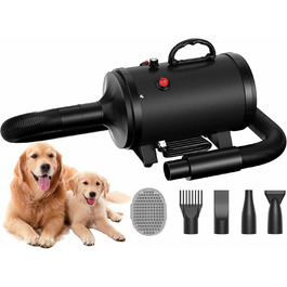 Фен для собак Blower - тихий, 4.5 PS / 3200W, регульована швидкість, 4 насадки, шланг, щітка (чорний)