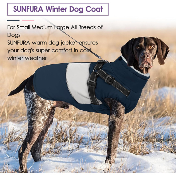 Тепла зимова куртка для собак SUNFURA з інтегрованим шлейкою, водонепроникний флісовий костюм для Французького бульдога (Small, Marineblau)