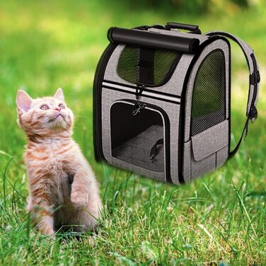 Транспортна сумка для котів, рюкзак для маленьких собак, дихаюча та розширювана сумка для тварин, сіра (з чорною основою)