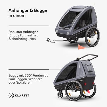 Klarfit GoKiddo: Дитячий велопричіп для 2 дітей - 2-в-1 (велопричіп та візок) з гальмами, ременями безпеки, регульованими сидіннями, 40 кг вантажопідйомністю, захистом від дощу та UV-променями, складаний, темно-сірий