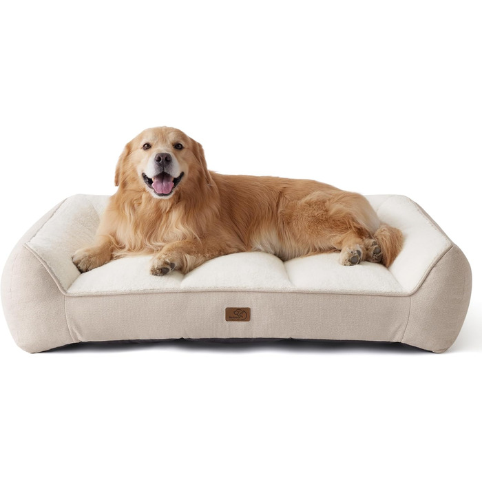 Ліжко для собак BEDSURE великих порід - 89x63 см, товста та зручна, з водонепроникною наволочкою, антиковзаюча корзина, м'який плюш Sherpa (122x89x25 см, кремовий)