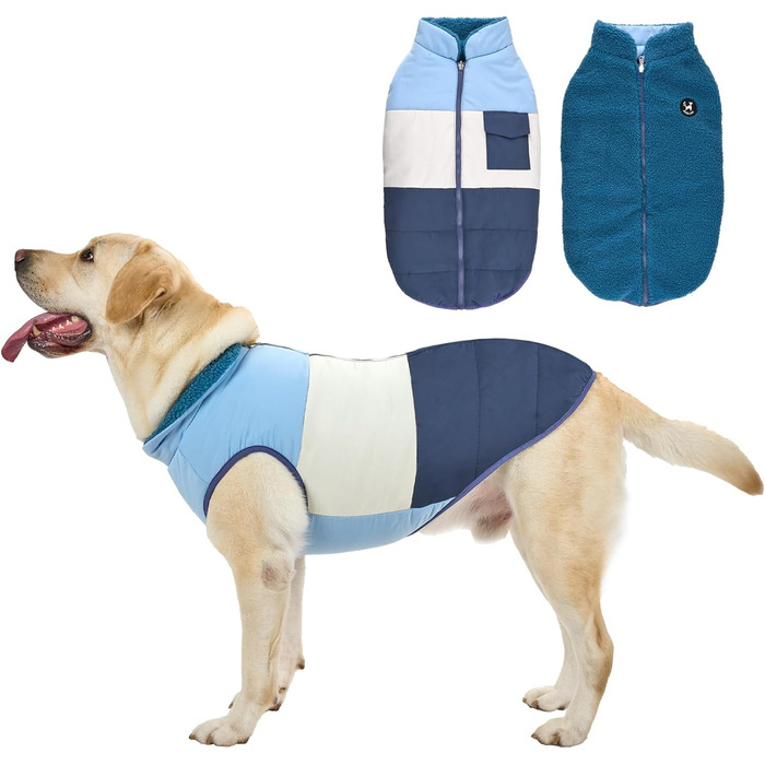 Зимовий одяг для собак: двосторонній водонепроникний теплий зимовий костюм з флісовою підкладкою, зручний застібкою-блискавкою, синій, розмір S (обхват грудей 58-60см, довжина спини 40см)