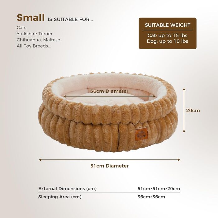 Кругле ліжко для котів та маленьких собак PAWZ Road, 51x51x20 см, коричневе
