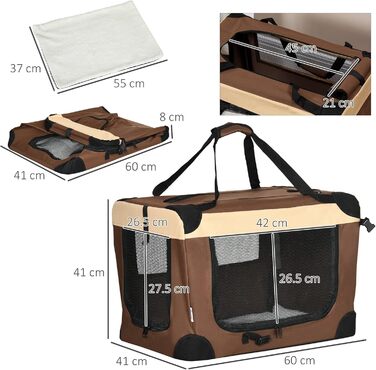 PawHut переносна переносна сумка-переноска для тварин, 60 см, для котів та мініатюрних собак, з подушкою, коричнева