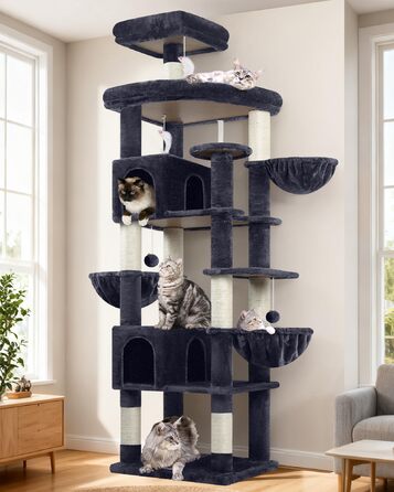 Кігтеточка Globlazer XXL 209 см з 2 будиночками, великою платформою, 3 кошиками, стовпчиками для шліфування, 8 стовпчиками з сизалю, стабільна кігтеточка для кількох котів (темно-сірий)