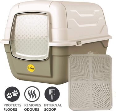 Туалет для котів Cat Centre з кришкою, лотком, дверцятами, совочком та вугільним фільтром для великих котів, 52 x 40 x 40 см (Сірий + сірий килимок)
