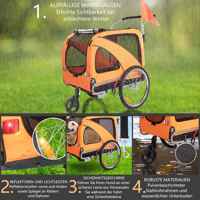 Трансформер для собак XL: велосипедний/біговий, 2-в-1, з гальмом та світловідбивачами, 600D Oxford, до 40 кг (Помаранчевий)