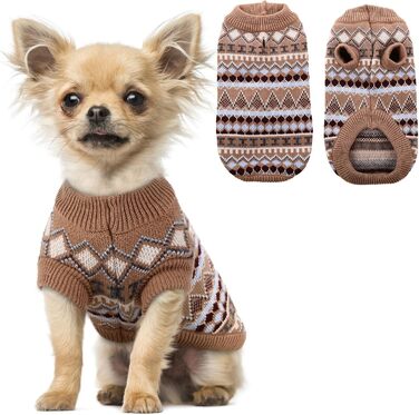 Теплий пуловер для собак - Boho стиль, різдвяний, з отвором для повідка, для чихуахуа, йоркширського тер'єра, джек-рассела, XS, колір кава